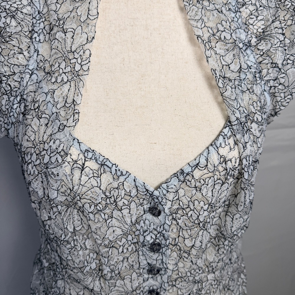 Black and white Floral Lace Button Peplum Blouse Cap Sleeve, romantic Victorian, - Picture 3 of 11